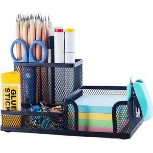 Black mesh pen holder desk organizer pencil storage with sticky notes compartmen